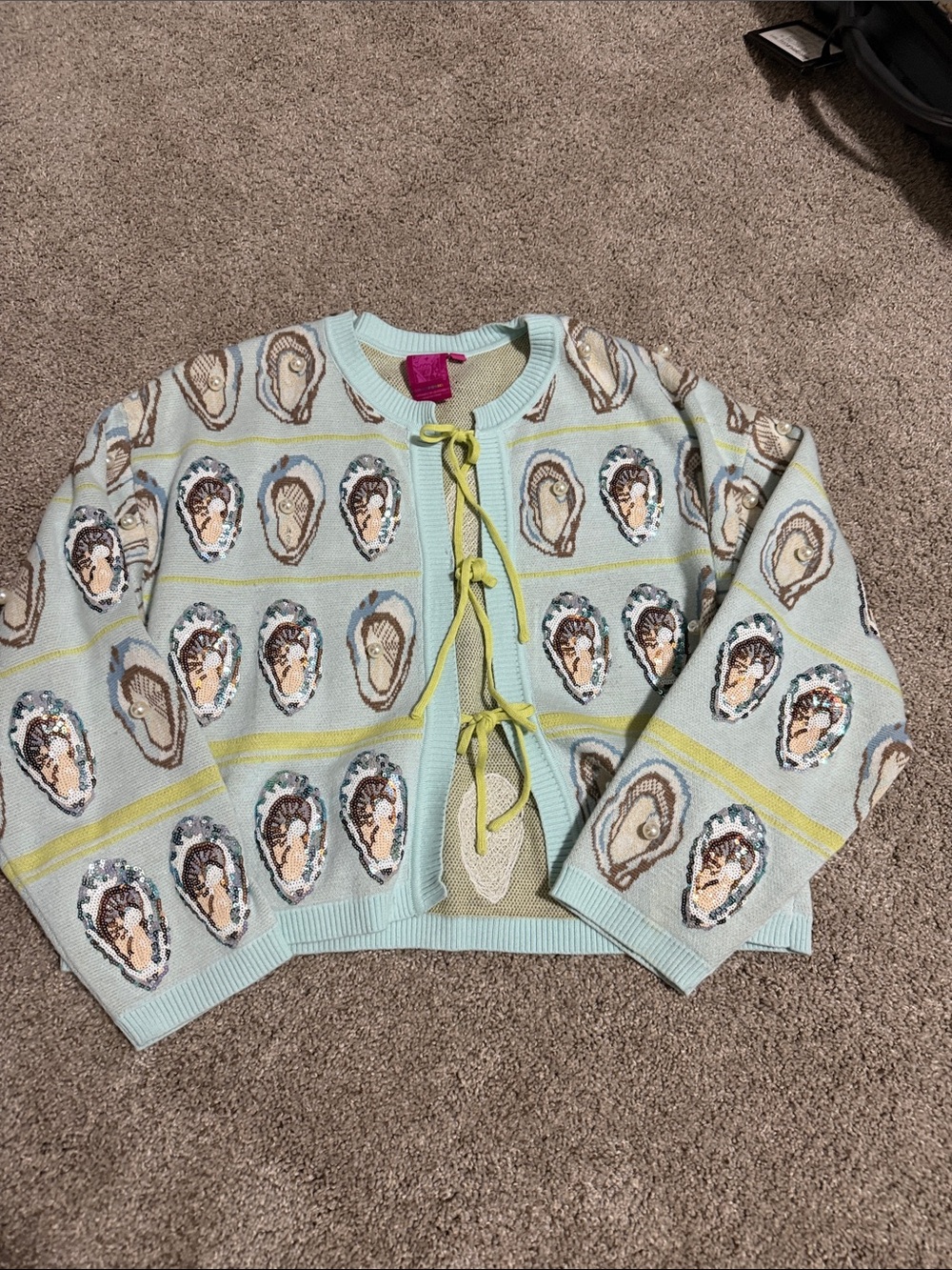 QUEEN OF SPARKLES Pale Blue Patterned Tie-Front Cardigan with Yellow Ties